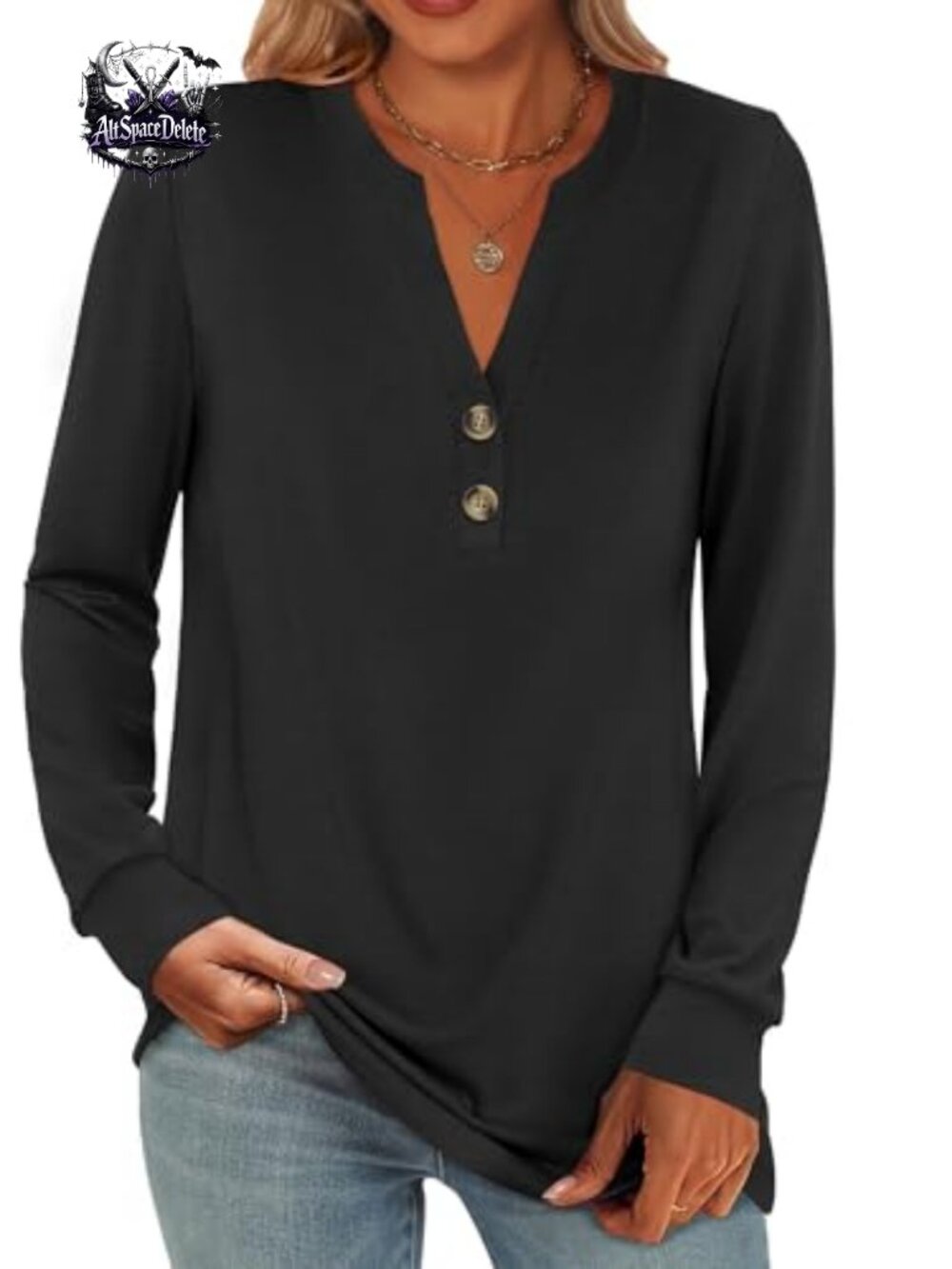 Women's Long Sleeve Henley Top V Neck Button Placket Casual Blouse